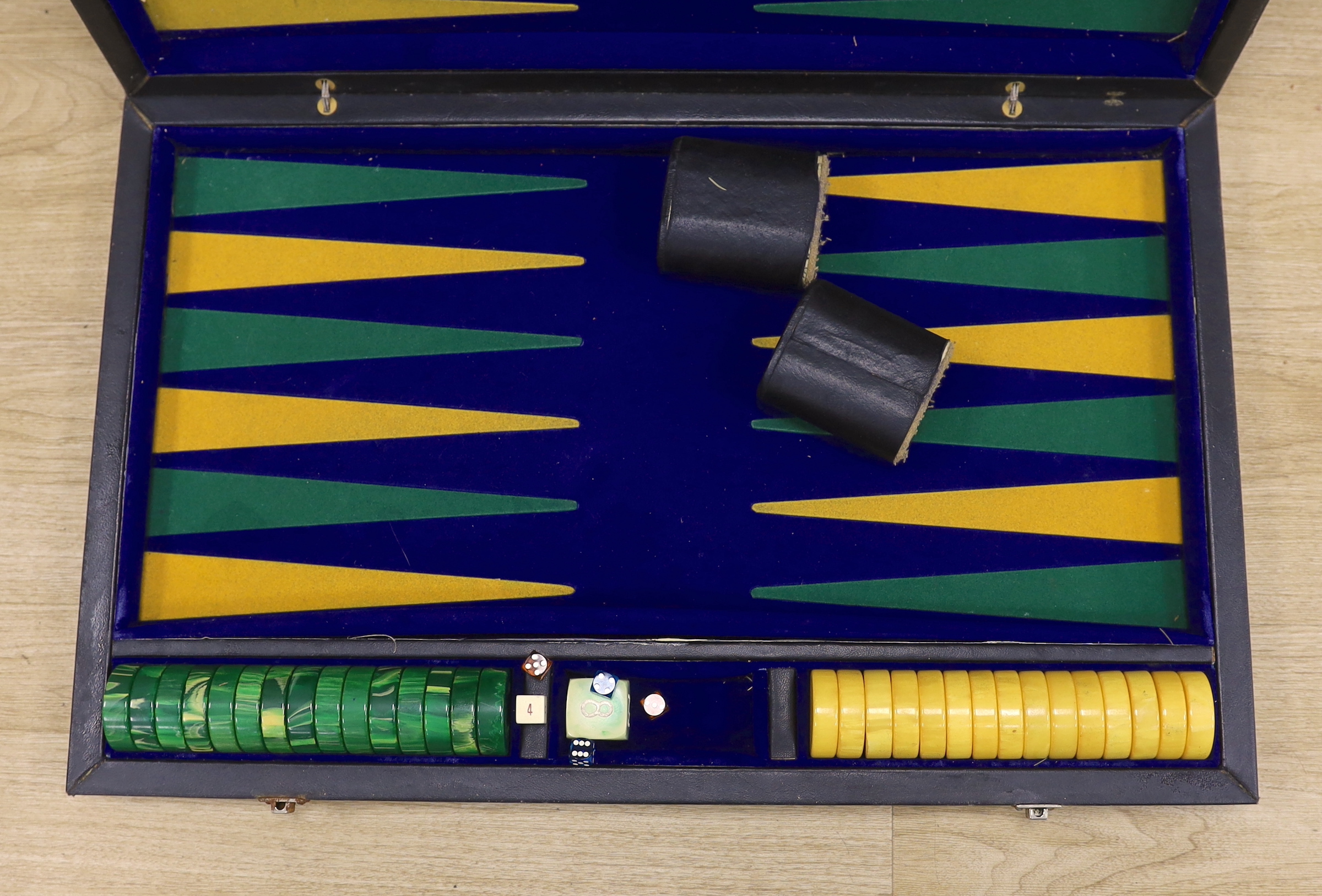 A competition backgammon board (folding as a case), 68cm x 43cm as case